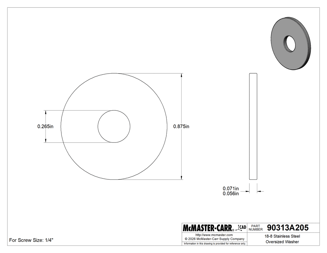 Technical Drawing of 18-8 Stainless Steel Oversized Washer, for 1/4" Screw Size, 0.265" ID, 0.875" OD.